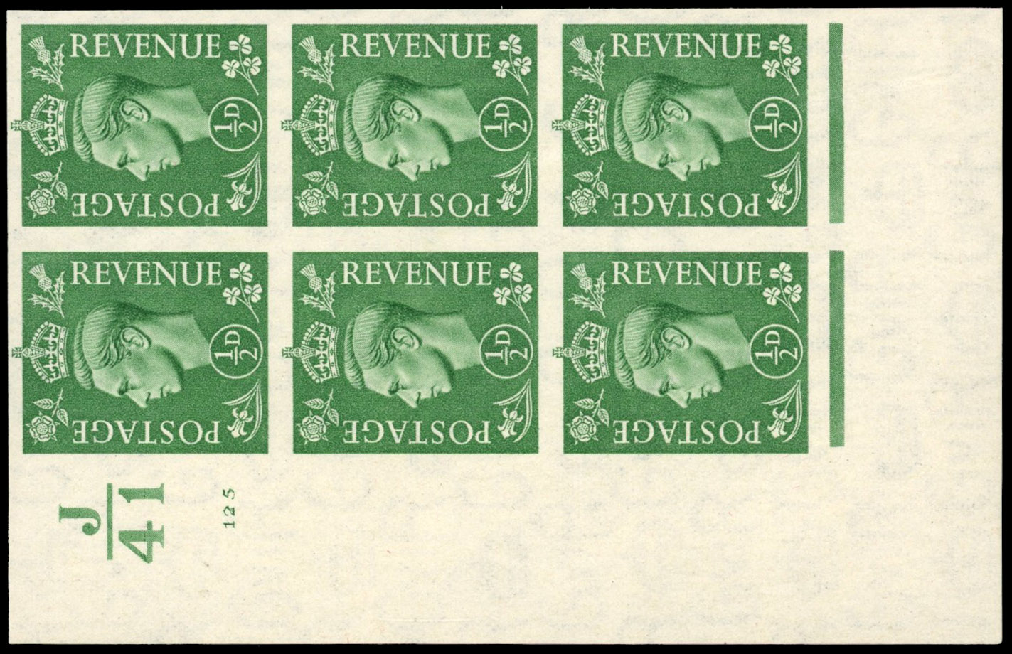 Great Britain 1941 ½d Pale green, Control Block of Six, BPMA Imprimatur, SG 485