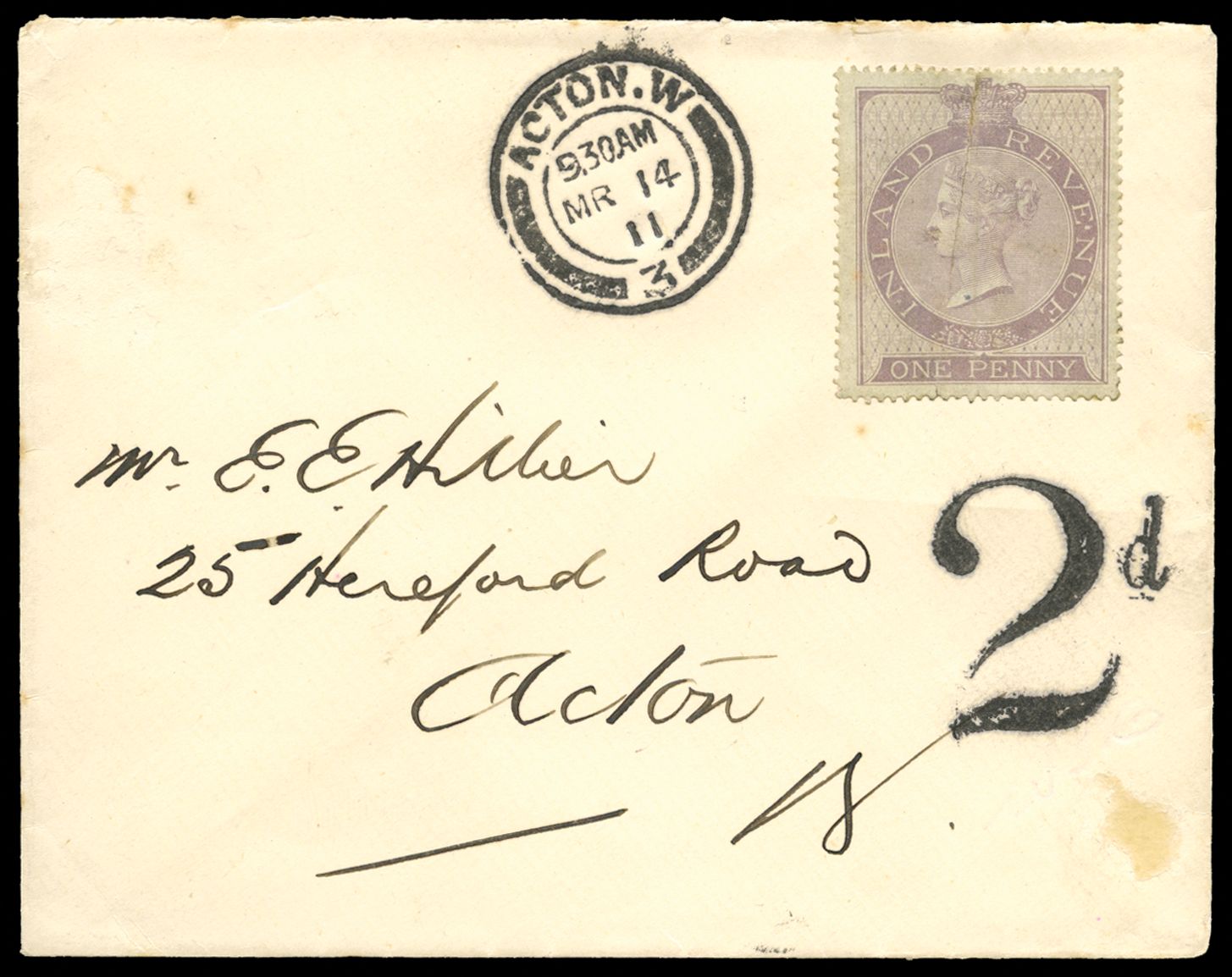 1867 1d Reddish-lilac (Wmk. Anchor 18mm). Unused example sent on cover locally within Acton with an Acton cds alongside...