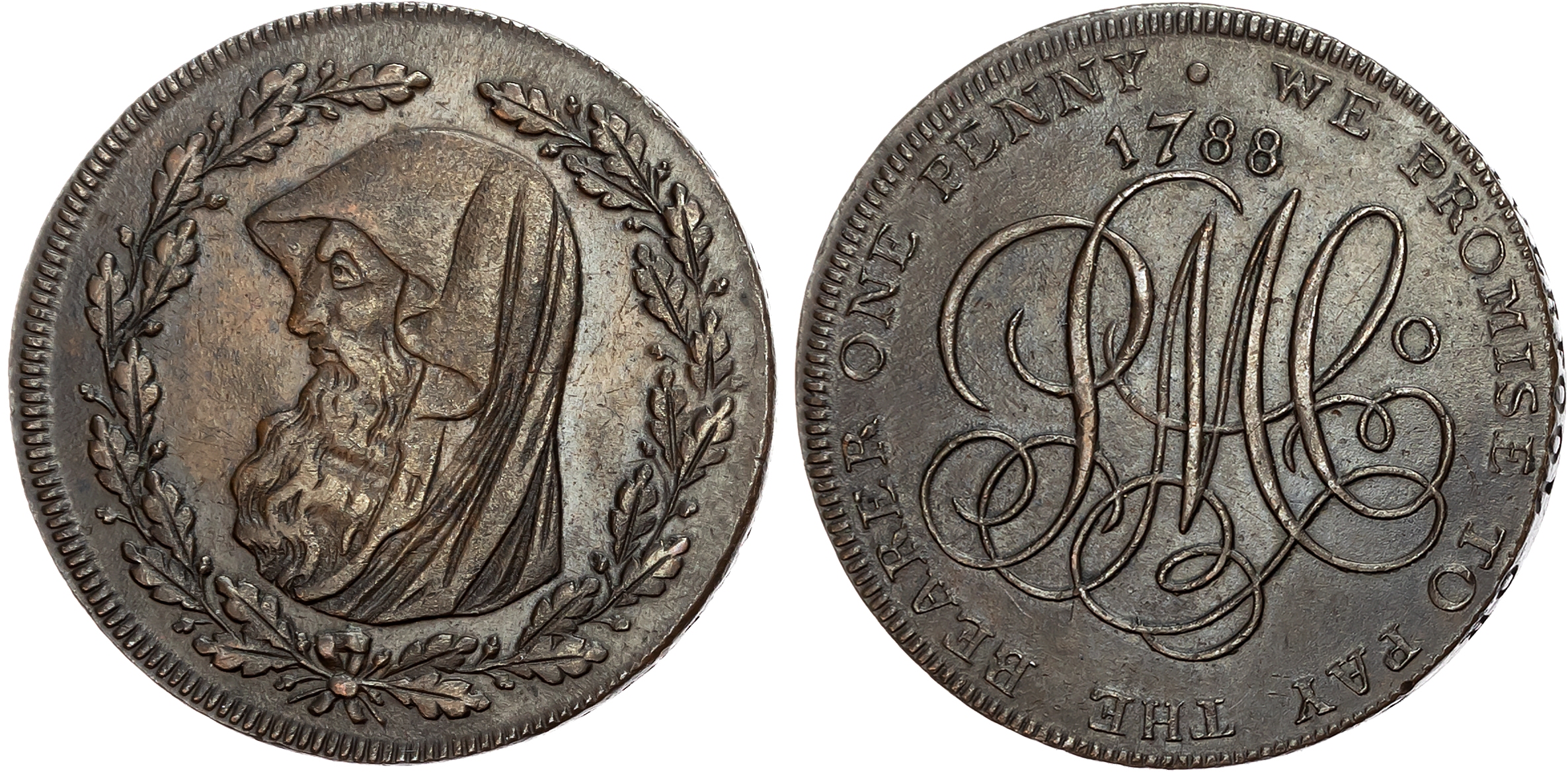 Anglesey . Amlwch, Parys Mining Co. contemp. counterfeit Penny 1788, Cowled druid’s head within a thin oaken wreath with …