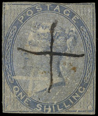 1856 1s Green colour trial. Fine imperforate example printed in blue on white wove glazed paper from the defaced plate w…