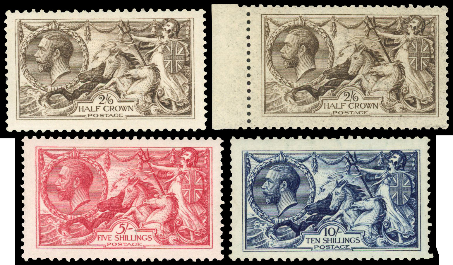 GB: 1913 2s6d deep sepia-brown and sepia-brown, yellow gum, 5s and 10s, a couple of shortish perfs at top otherwise