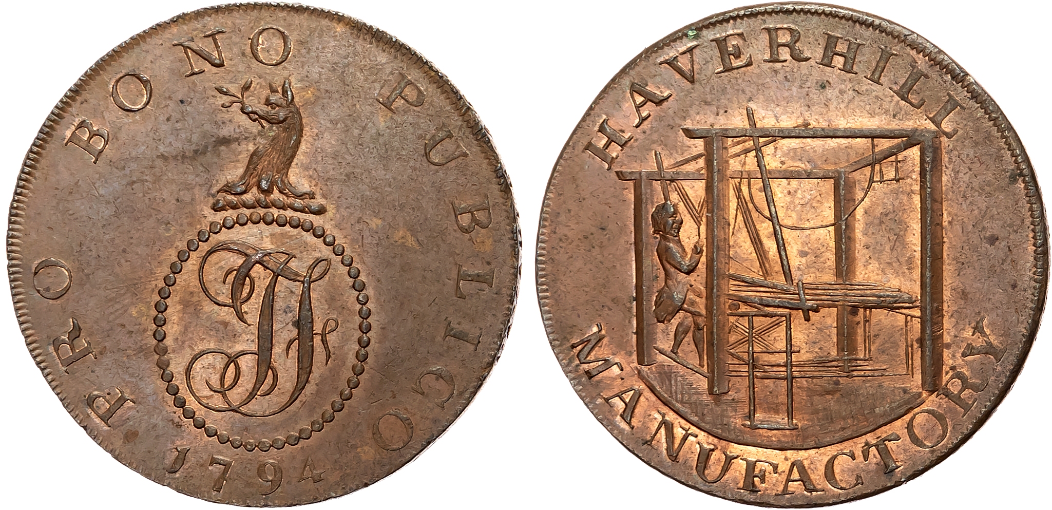 Suff. Haverhill , John Fincham, (general store owner) Halfpenny 1794, Weaver in a box-loom, rev. Crest on cypher, edge P …