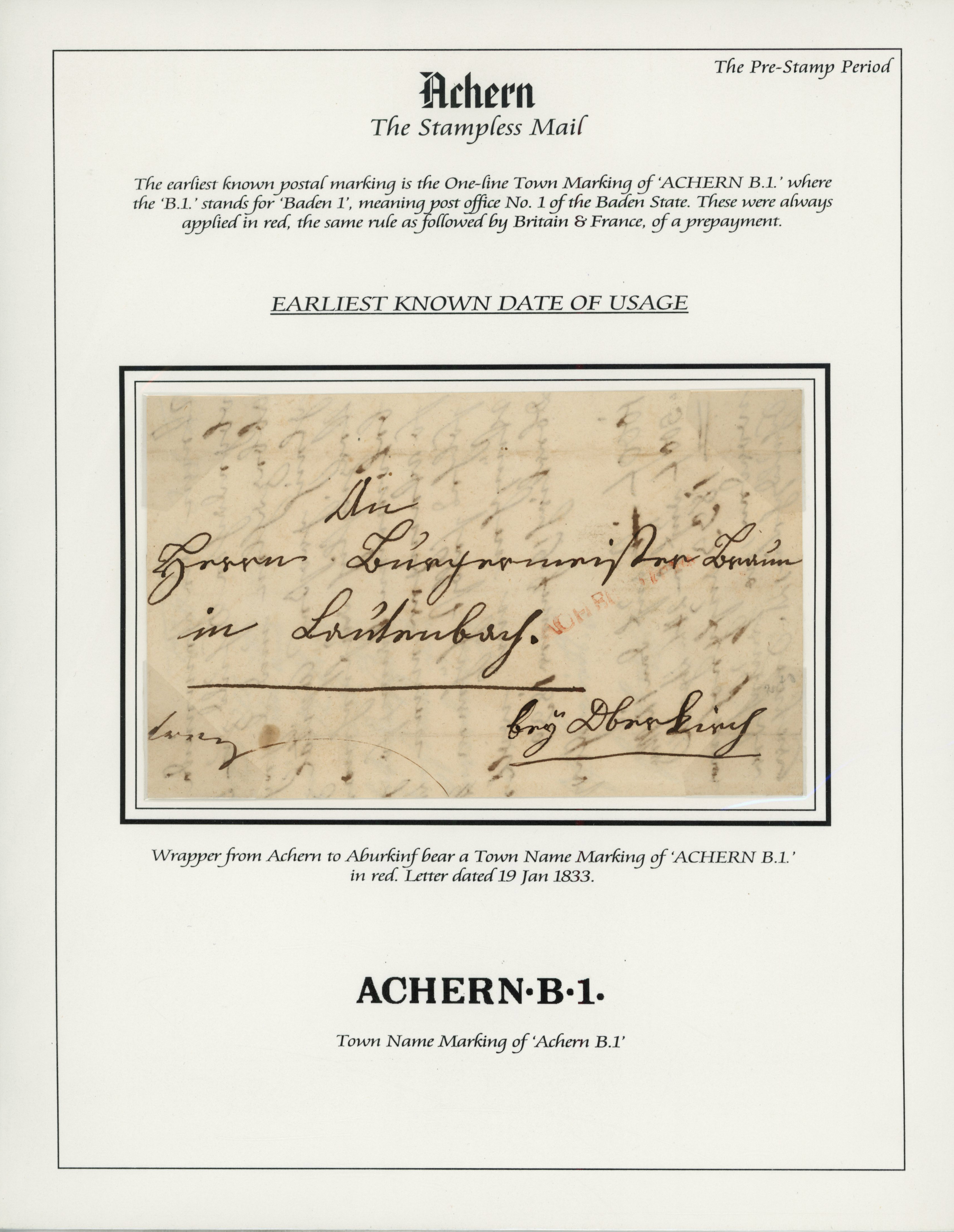 Germany Postal History 1833-68 collection of Achern stampless mail