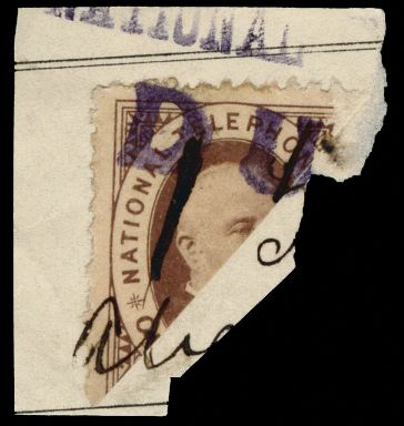 1884 1s Brown "National Telephone Company". Very fine bisected example tied to a small piece of "Call register" by a violet...