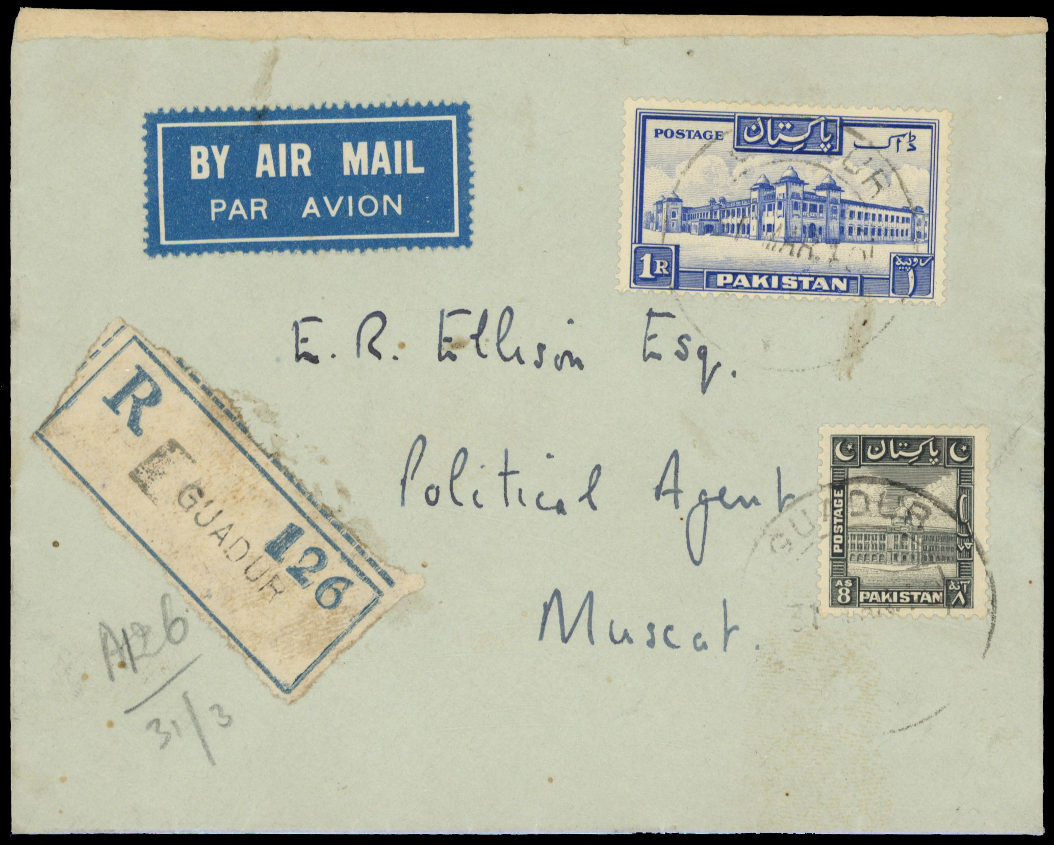 Muscat 1949 envelope from Guadur with Pakistan stamps