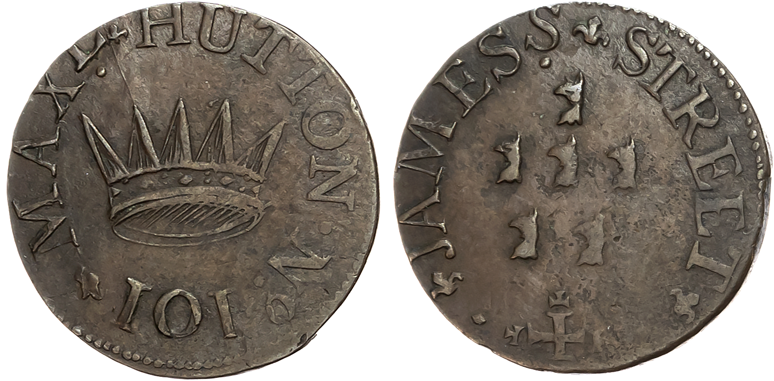 Co. Dub. Dublin, Hutton’s Farthing undated, Crown, rev. Six griffin’s heads over a cross ornament, edge plain, 26mm/3.75 …