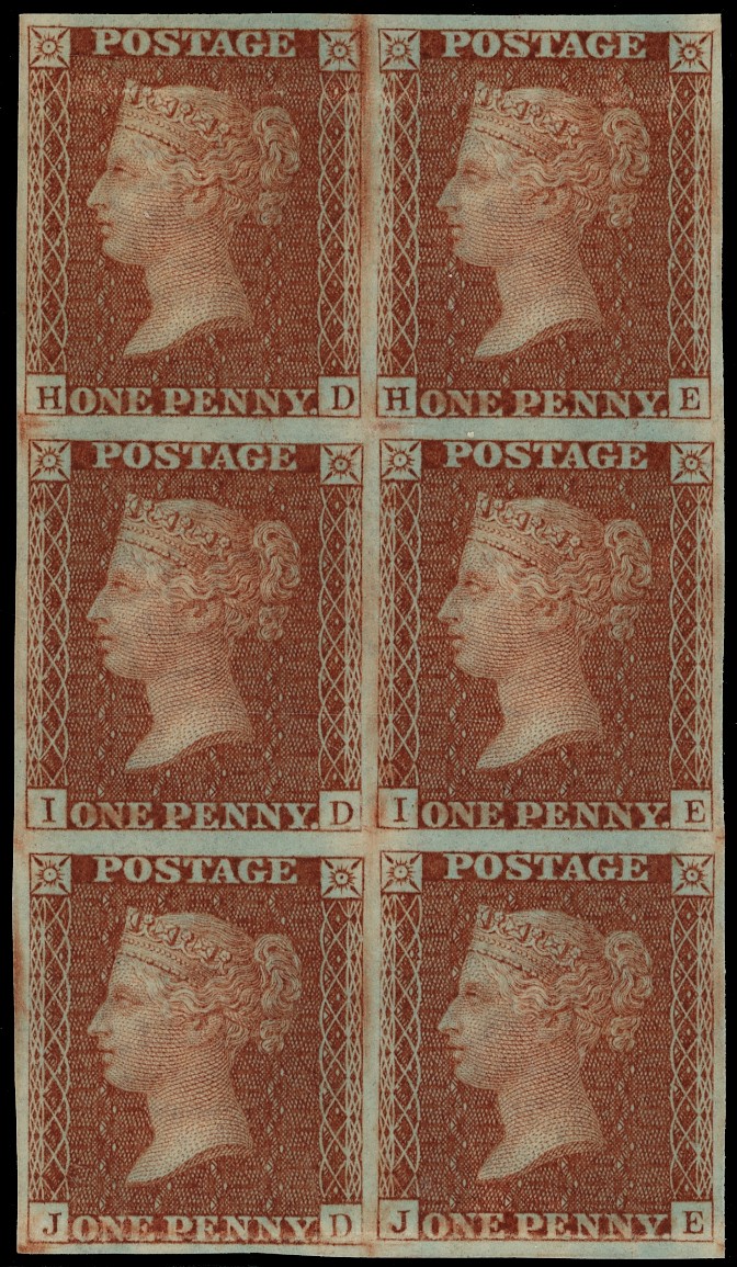 1855 1d Red brown Pl.22 (Neal‘s Steam Press Experimental Printing) Block of six