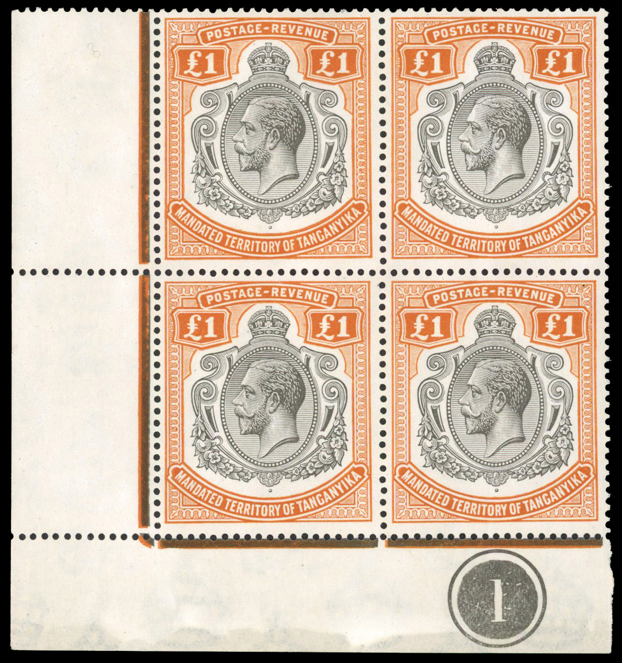 Tanganyika 1927-31 £1 plate block of 4