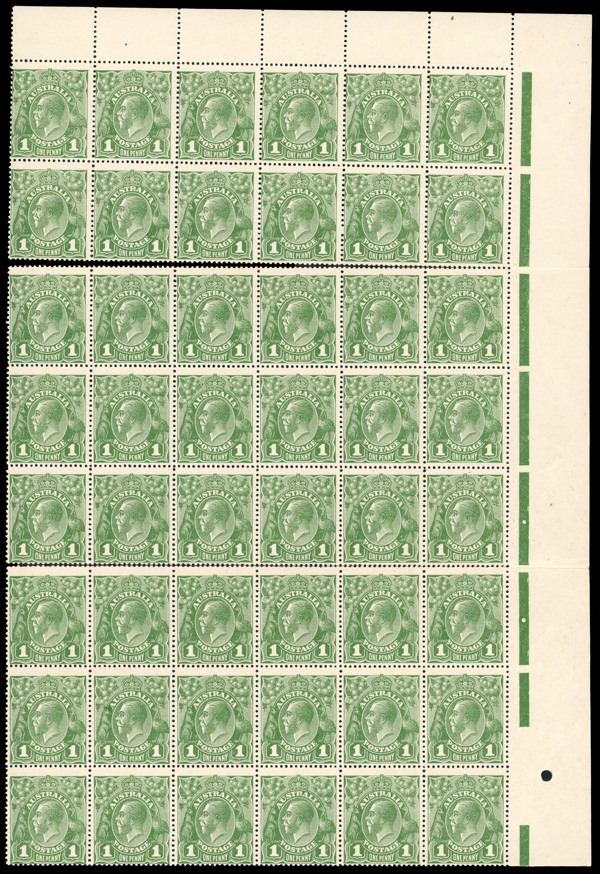 Mint on Hagners, 1921 4d violet top marginal block of 4 (SG 64), 1927 1s blue-green watermark sideways (SG 40ba), 1923
