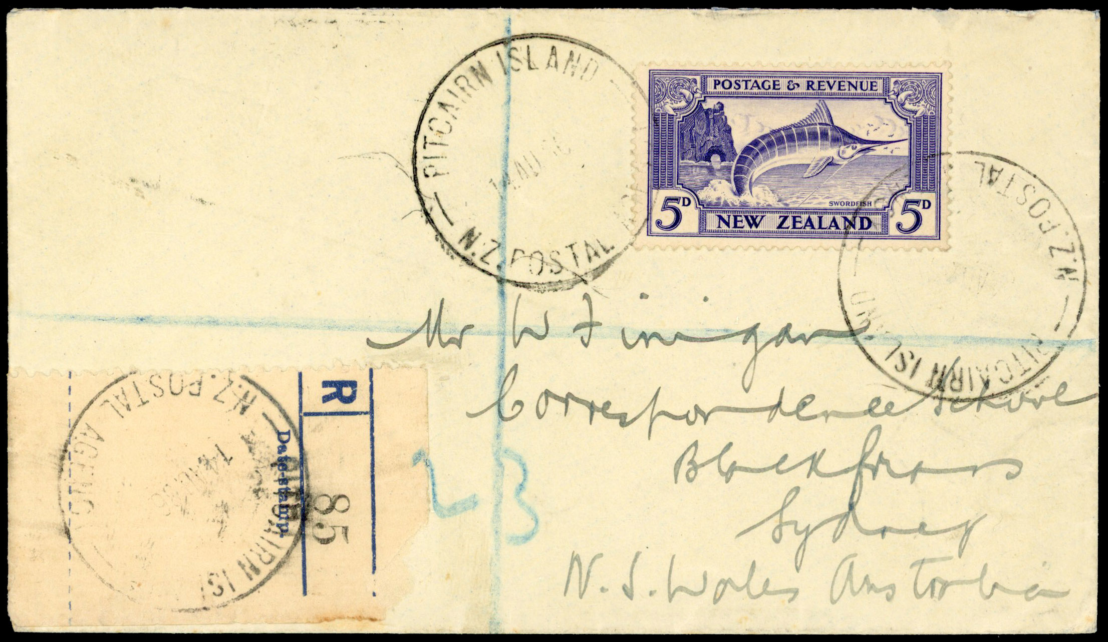 Pitcairn Is 1936 cover with 5d NZ stamp
