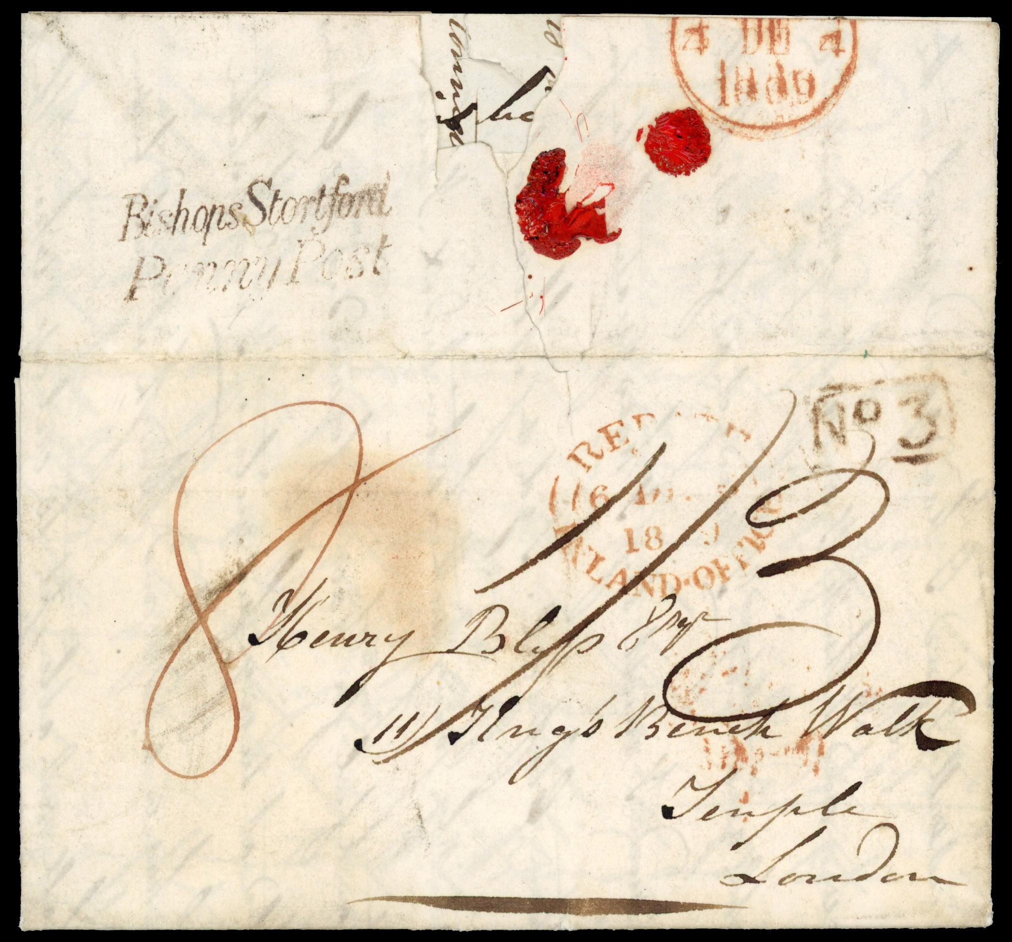 1839 Pre-stamp mail. Double rate entire sent form Newport to London Rebate oval stamp