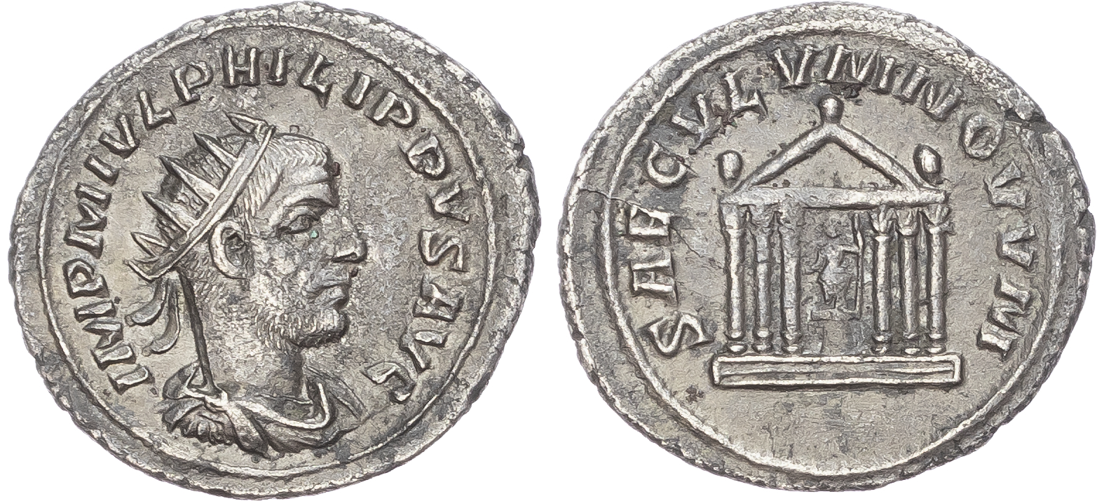 Philip I (AD 244-249) AR Antoninianus, Antioch, Celebrating the 1000th anniversary of Rome, AD 249, 4.07g.