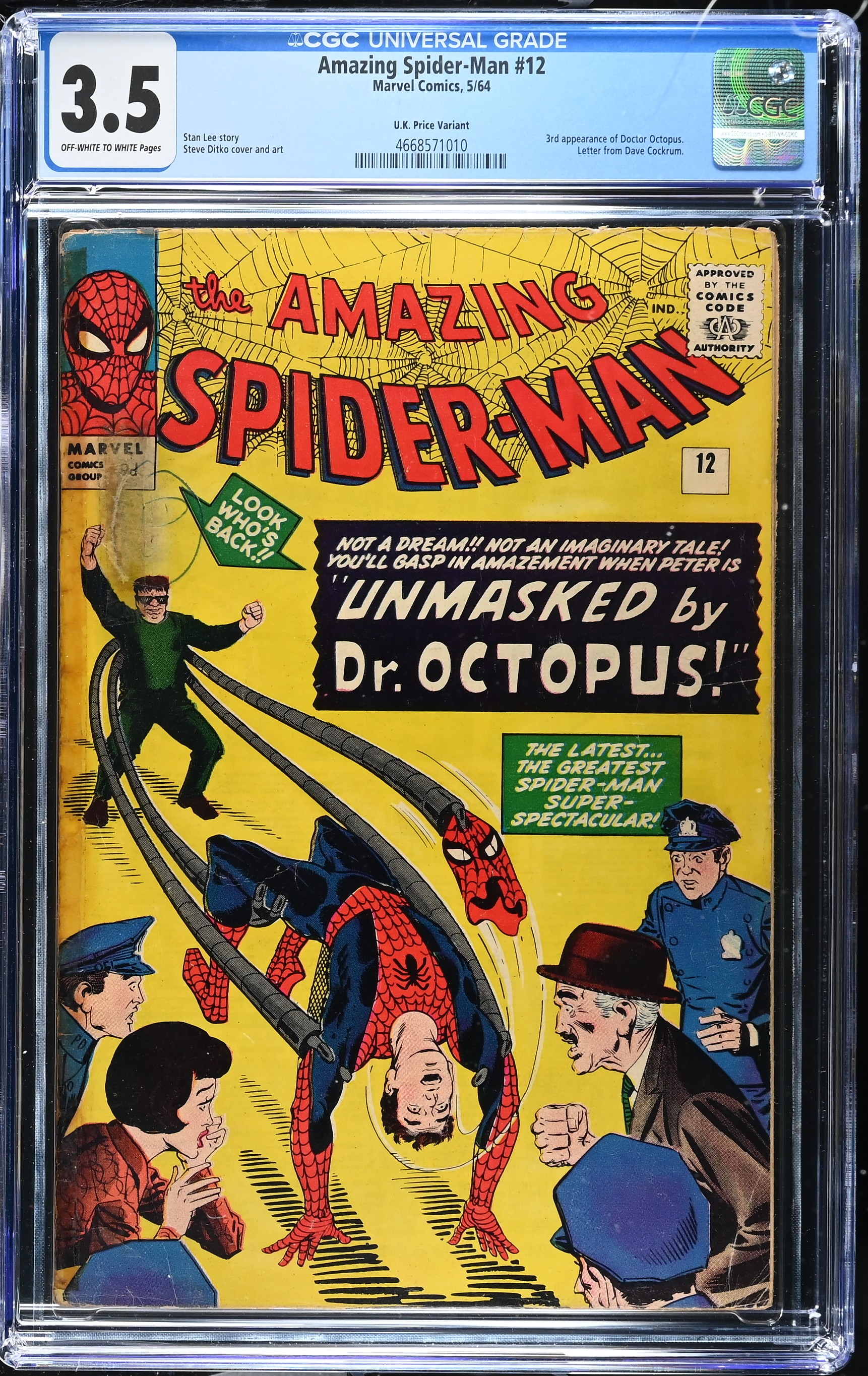 Amazing Spider-Man #12 CGC 3.5 3rd Appearance of Doctor Octopus UK Edition (Marvel Comics, 1964) Off-White to White Pages