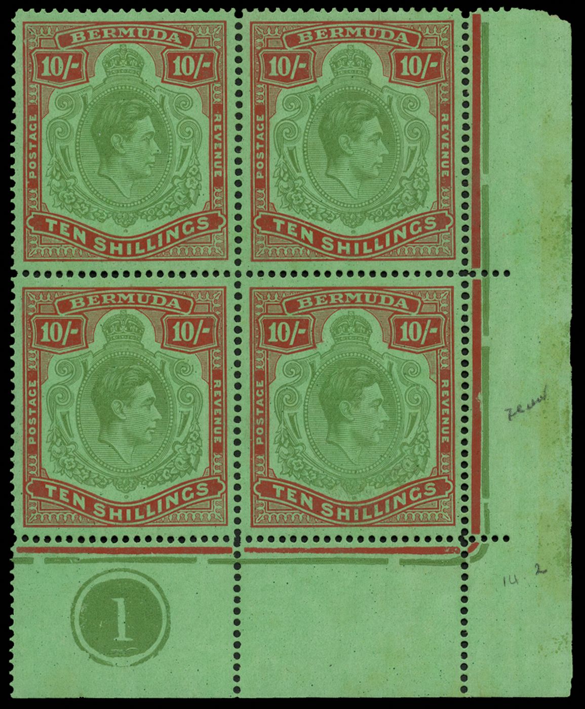 1942 10s, perf 14½ line. Ordinary paper....