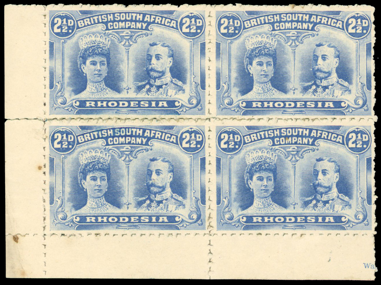 2½d dull blue with clandestine roulettes, lower left corner block of four, o.g.  