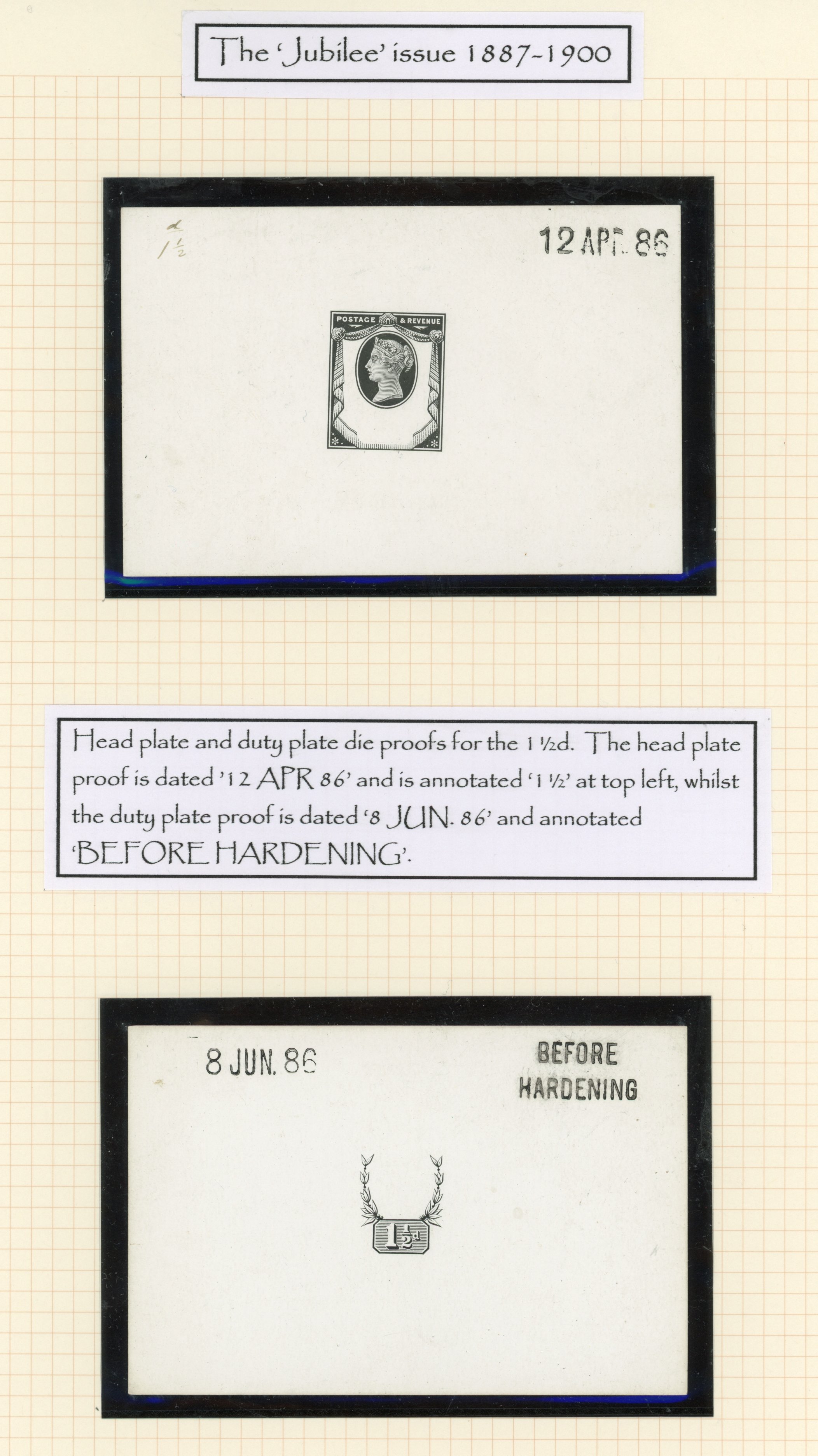 GB 1887-92 1½d pair of die proofs, for the Head Plate and the Duty Plate, For SG 198