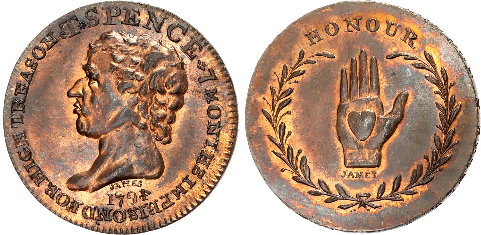 London , Holborn, Thomas Spence Halfpenny 1794, Head of Spence left,, rev. Heart in hand in olive wreath, edge SPENCE DE …