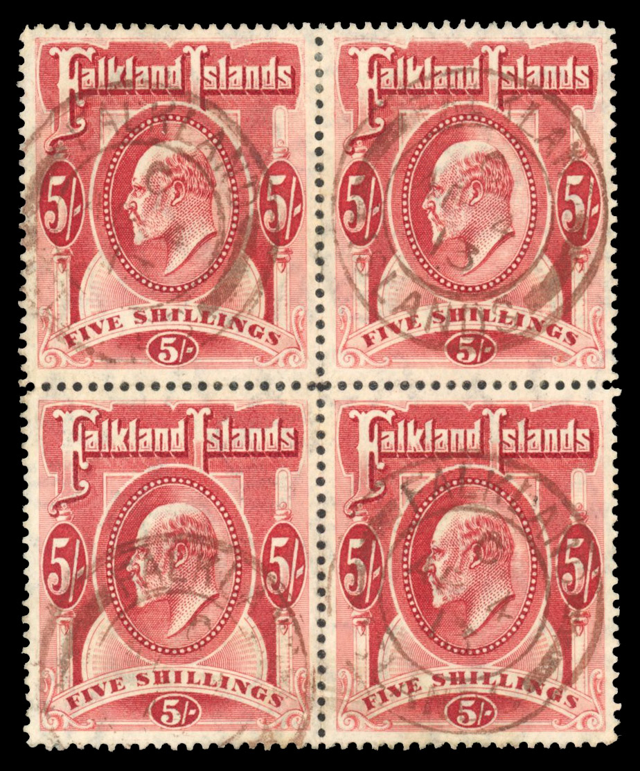 SG 50 1904 5/- red block of four cancelled in brown