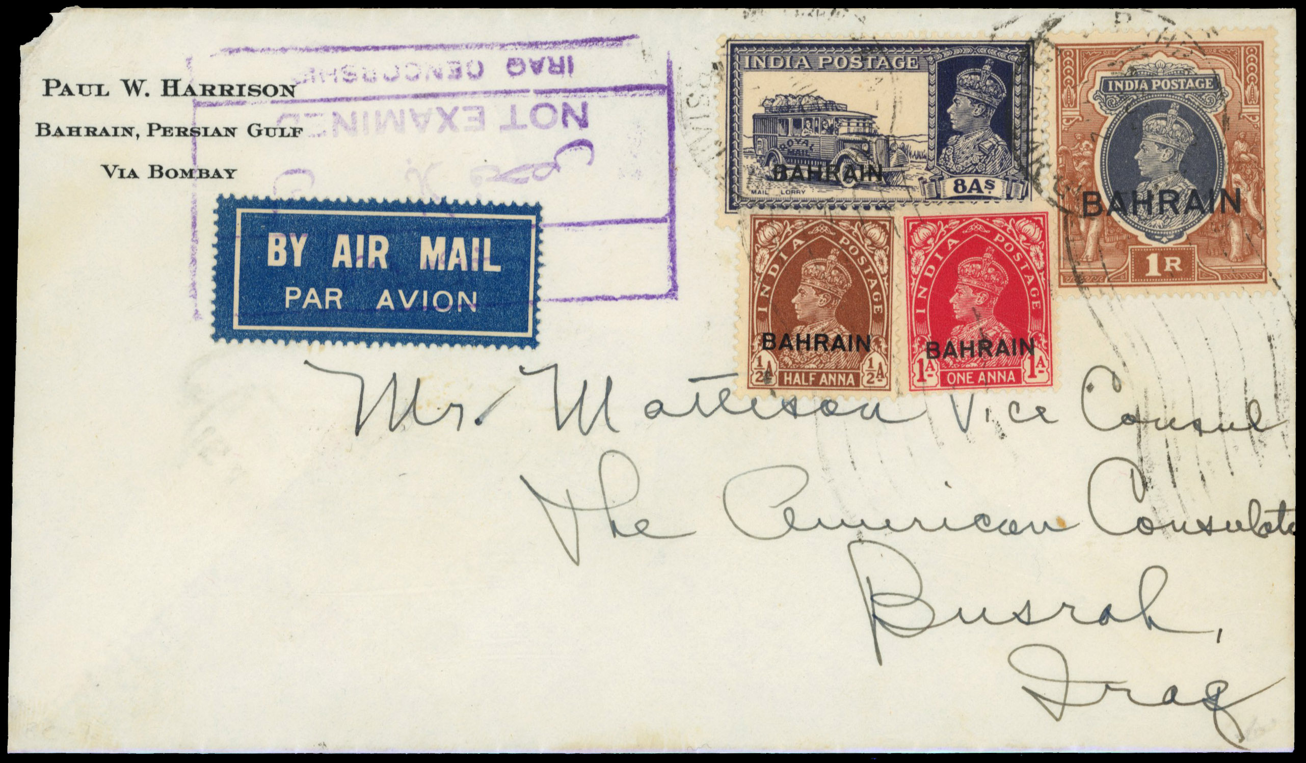 Bahrain 1942 Censored cover to Iraq