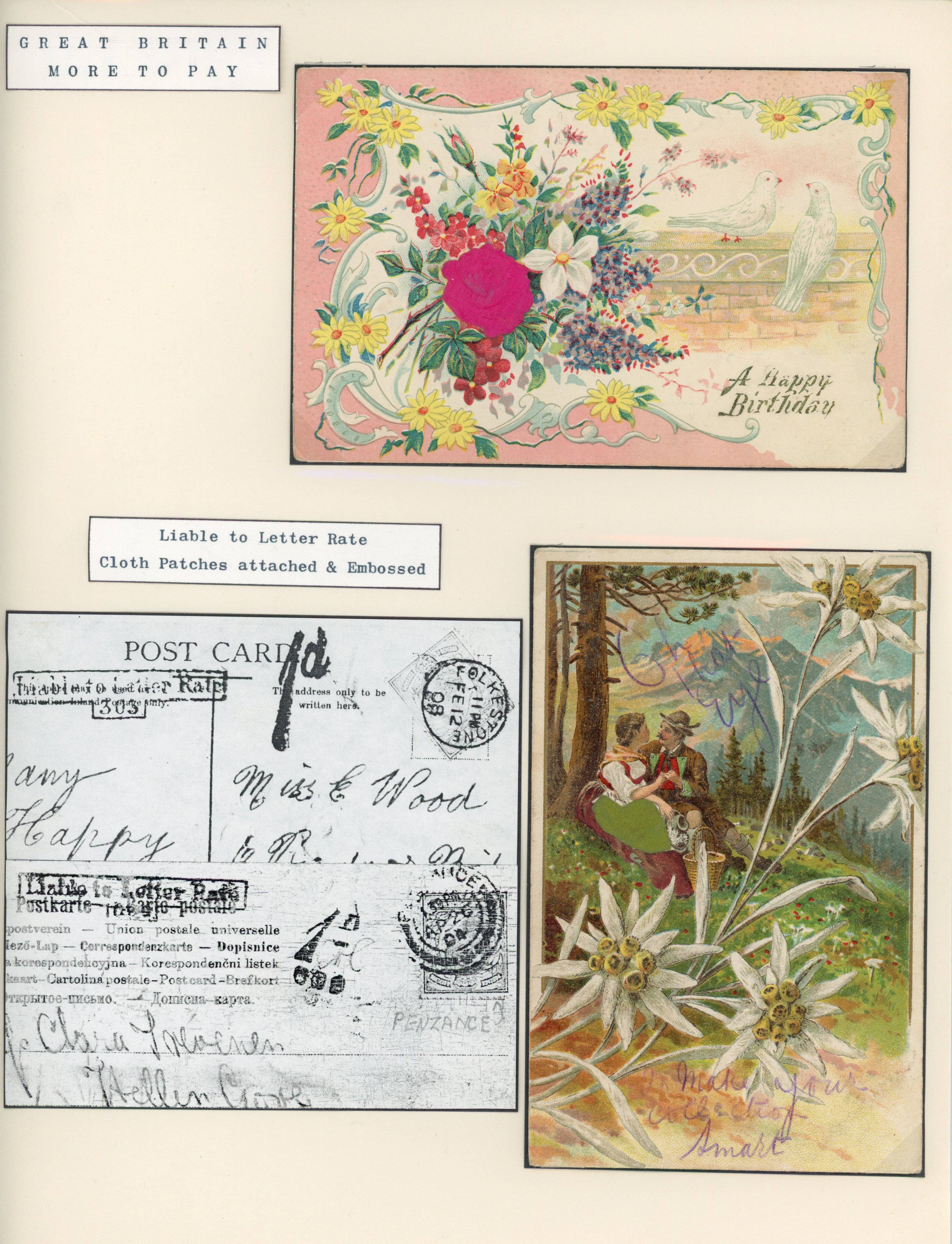 Great Britain 1904-08 pair of novelty floral postcards with embossing and cloth attached