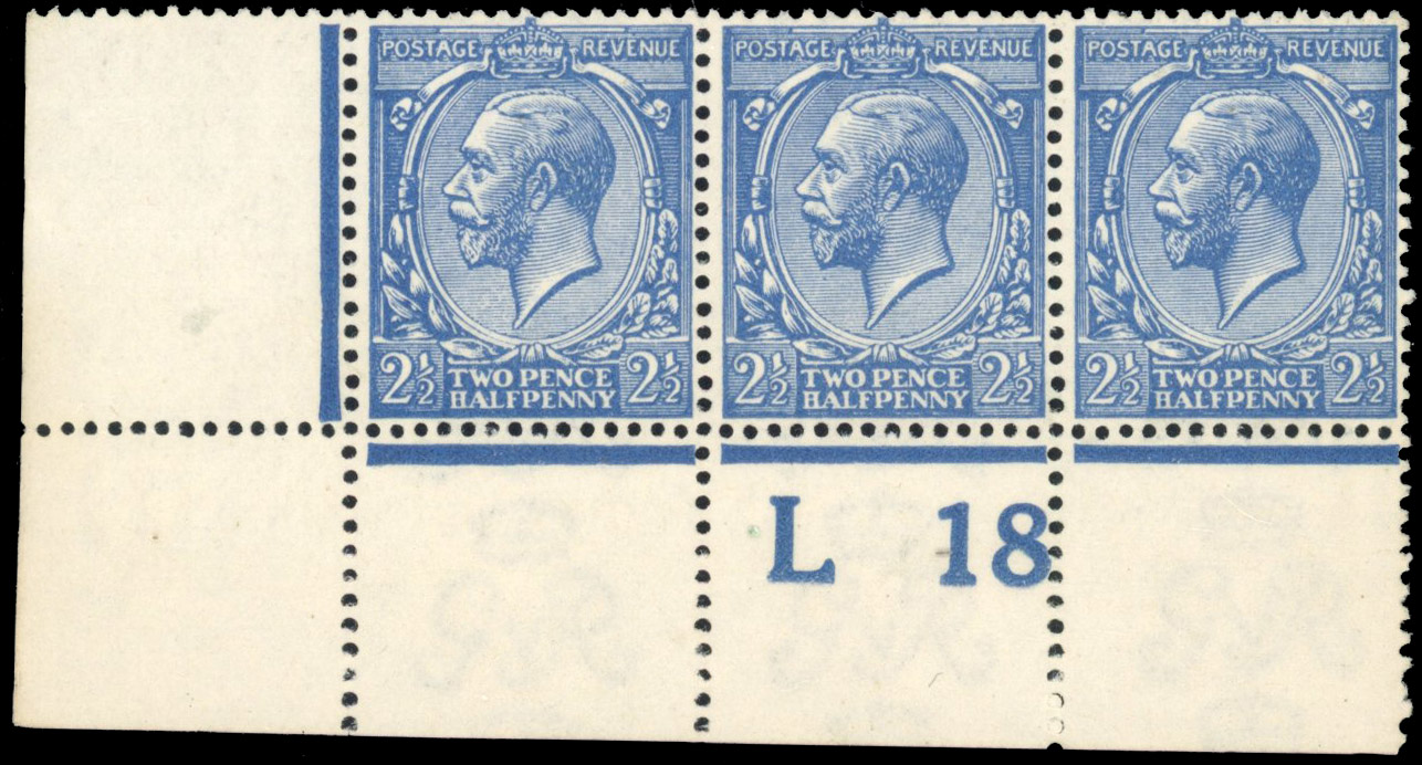 GB 1912-24 Royal Cypher 2½d powder blue, mint control L18 strip