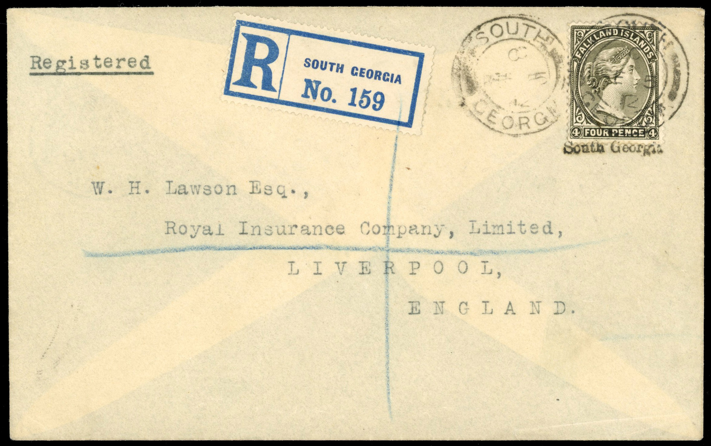 † FID South Georgia SG Z11 'Lawson' cover bearing 4d olive-black