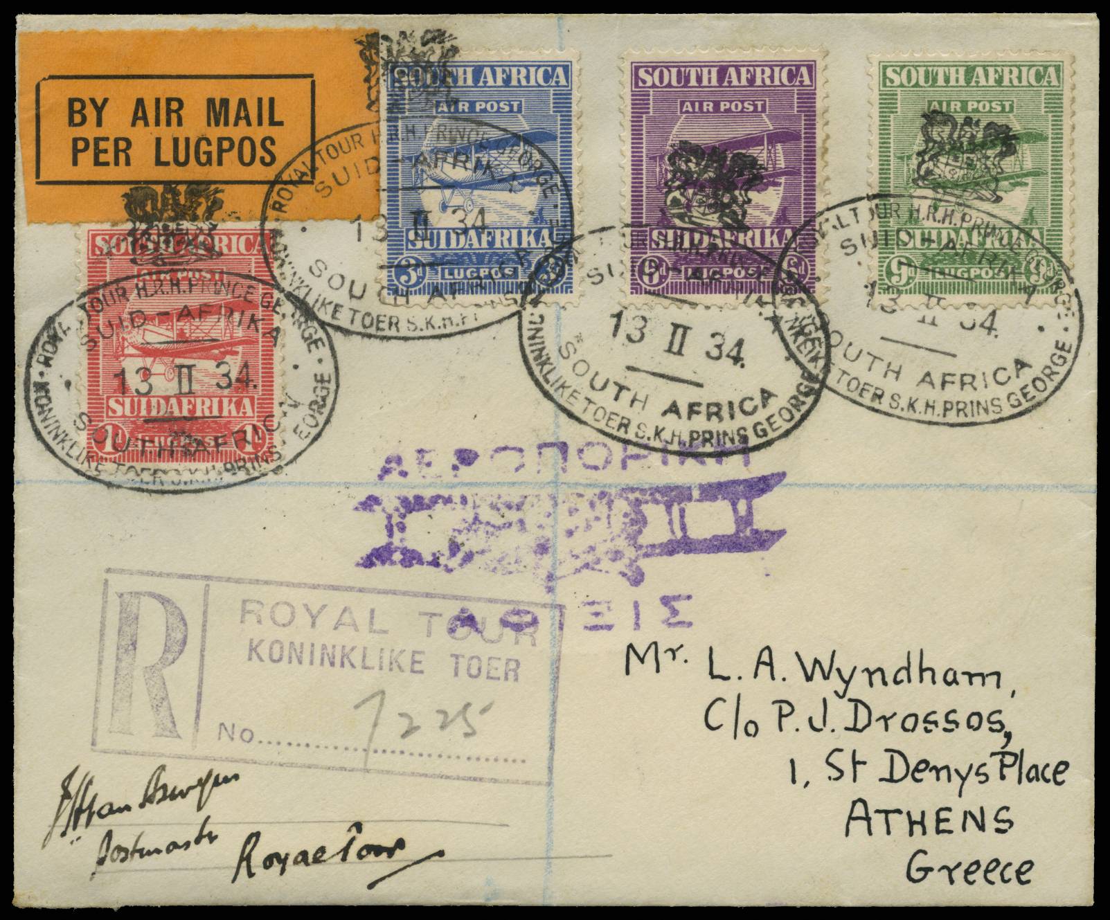 SOUTH AFRICA SG 26/29 1934 ROYAL TOUR AIRMAIL COVER TO GREEC