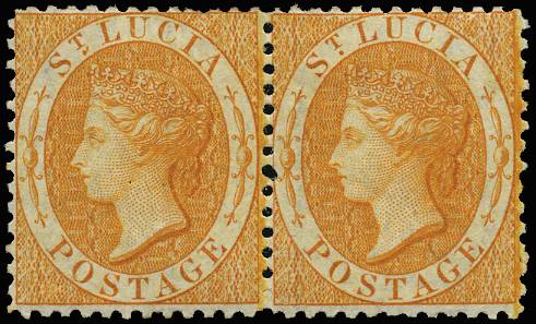 ST LUCIA SG 14c 1864-76 (1s) PALE ORANGE WMK CC PERF 12½ PAIR