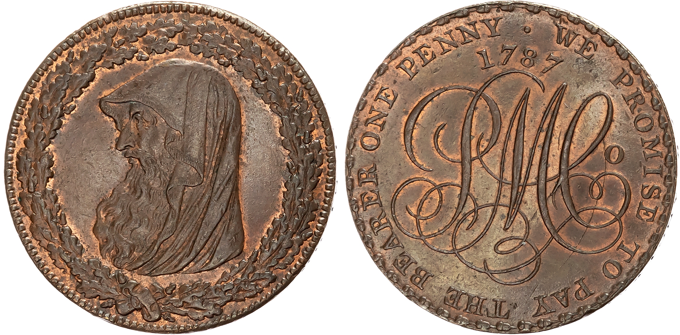 Ang. Amlwch, Parys Mines Co. Penny 1787, Cowled druid’s head within a thick oaken wreath with 4 acorns at tie rev . PMCo …