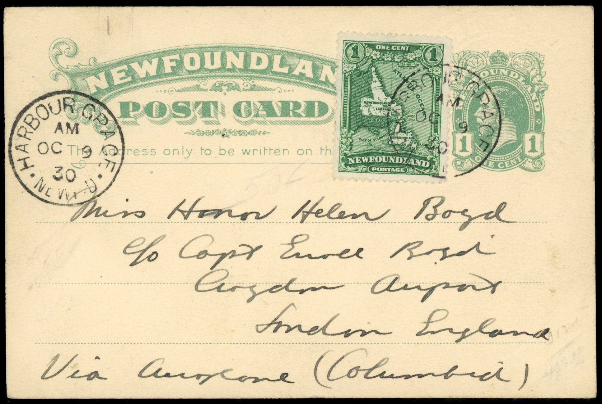 Newfoundland 1930 Columbia flight 1c green postal stationery card to England