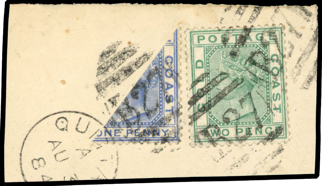1876-84 1d blue bisect with 1879 2d green tied to small paper piece by ‘B27’ obliterators and the 1d by large part Quittah