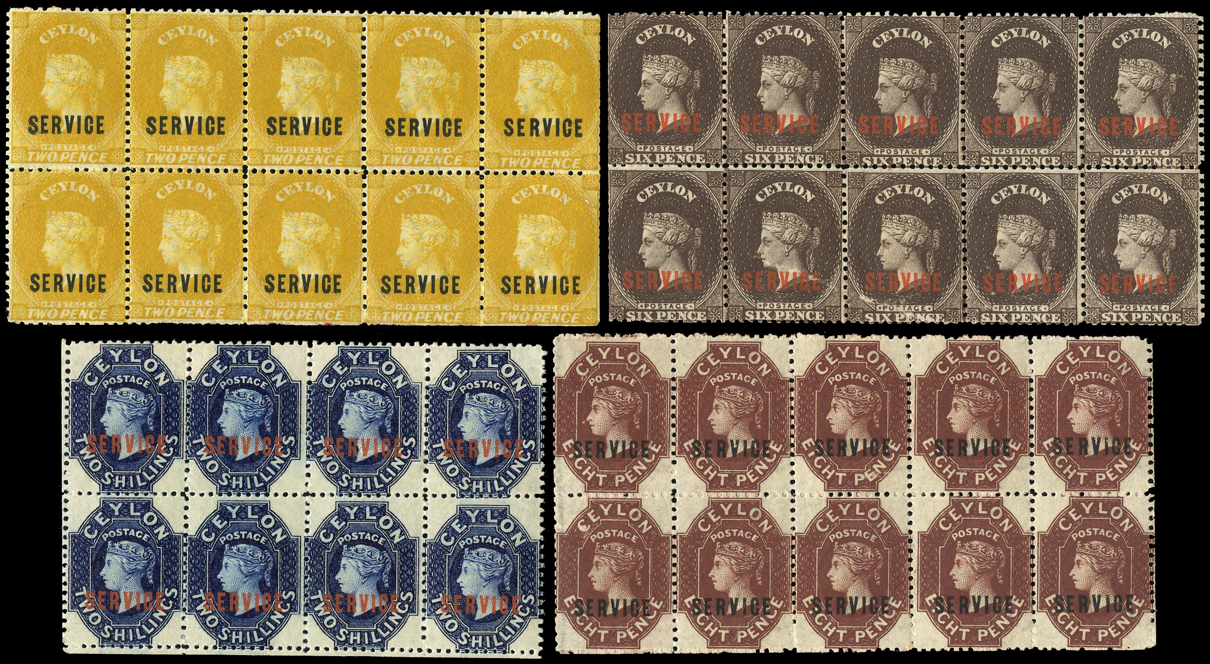 Ceylon SG O1,O3,O5 in mint blocks of ten & 8 lpog