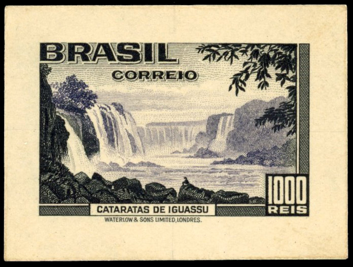 Brazil: 1938 Tourist Propaganda 1000r Iguazú waterfalls Waterlow & Sons die proof in purple and black