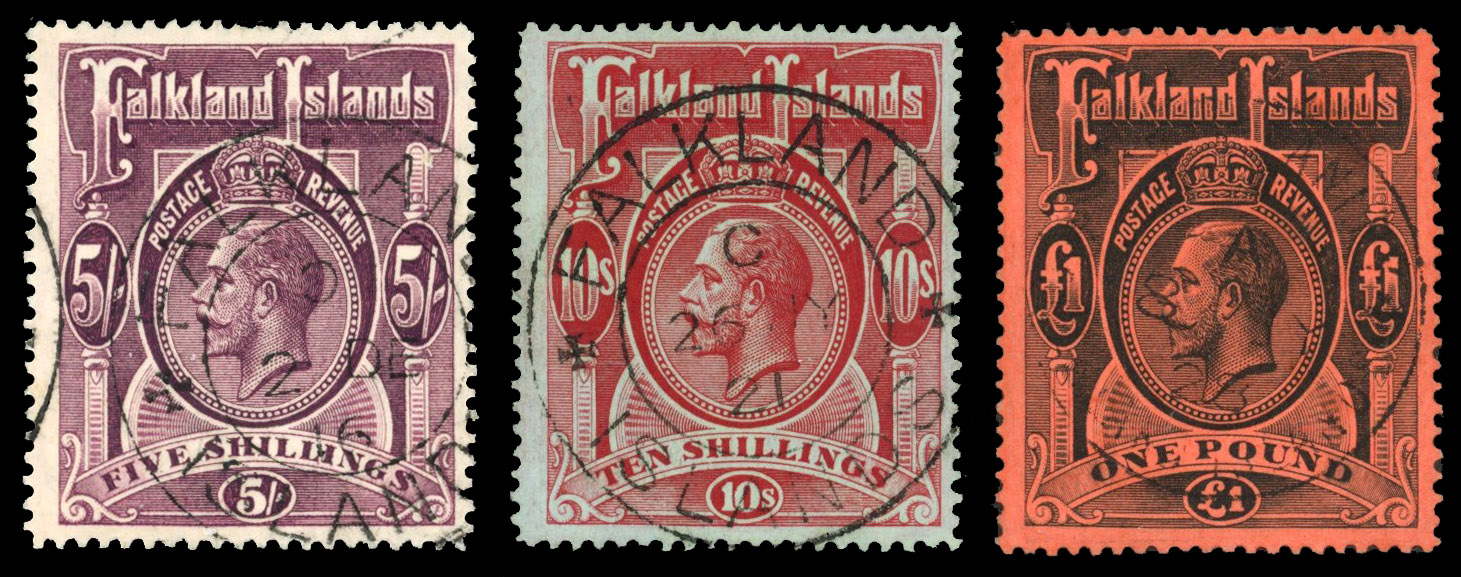 SG 67b-69 1912-20 5/- maroon, 10/-and £1 used