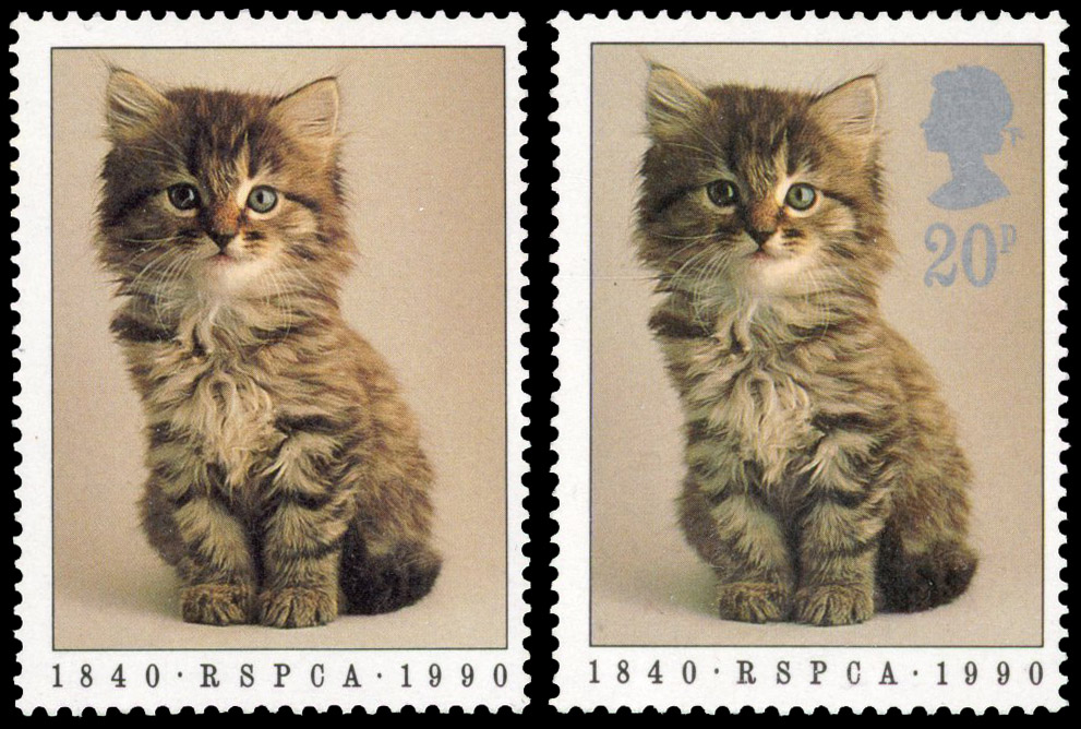 GB: 1990 20p Kitten, 150th Anniversary of RSPCA, silver (Queen's head and face value) omitted, with normal for comparison