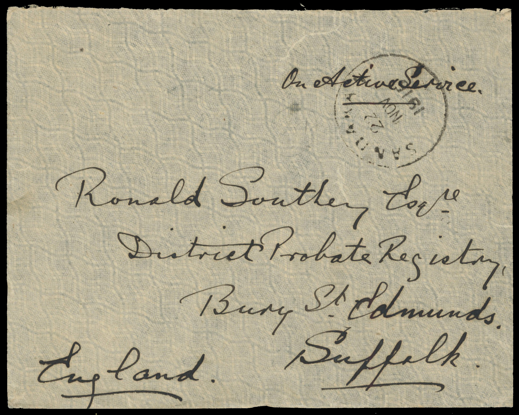 North Borneo WWI stampless 'On Active Service' cover to UK