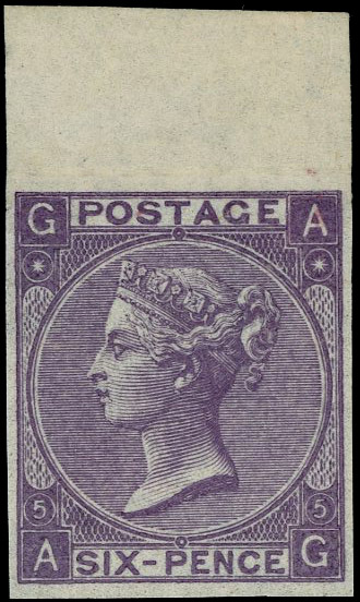 1865 6d lilac Pl.5. Very fine unused o.g. top marginal imperforate imprimatur lettered AG. Scarce one of only 25 possibl…