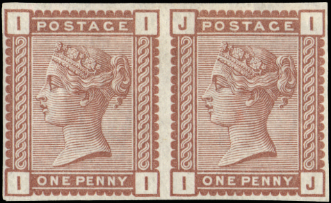 GB SG166a 1880 1d Venetian red. Imperforate pair.
