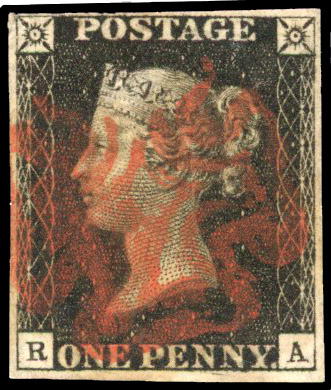 GB: 1840 1d black, Plate 7, (RA), four margins, neat red MC SG 2