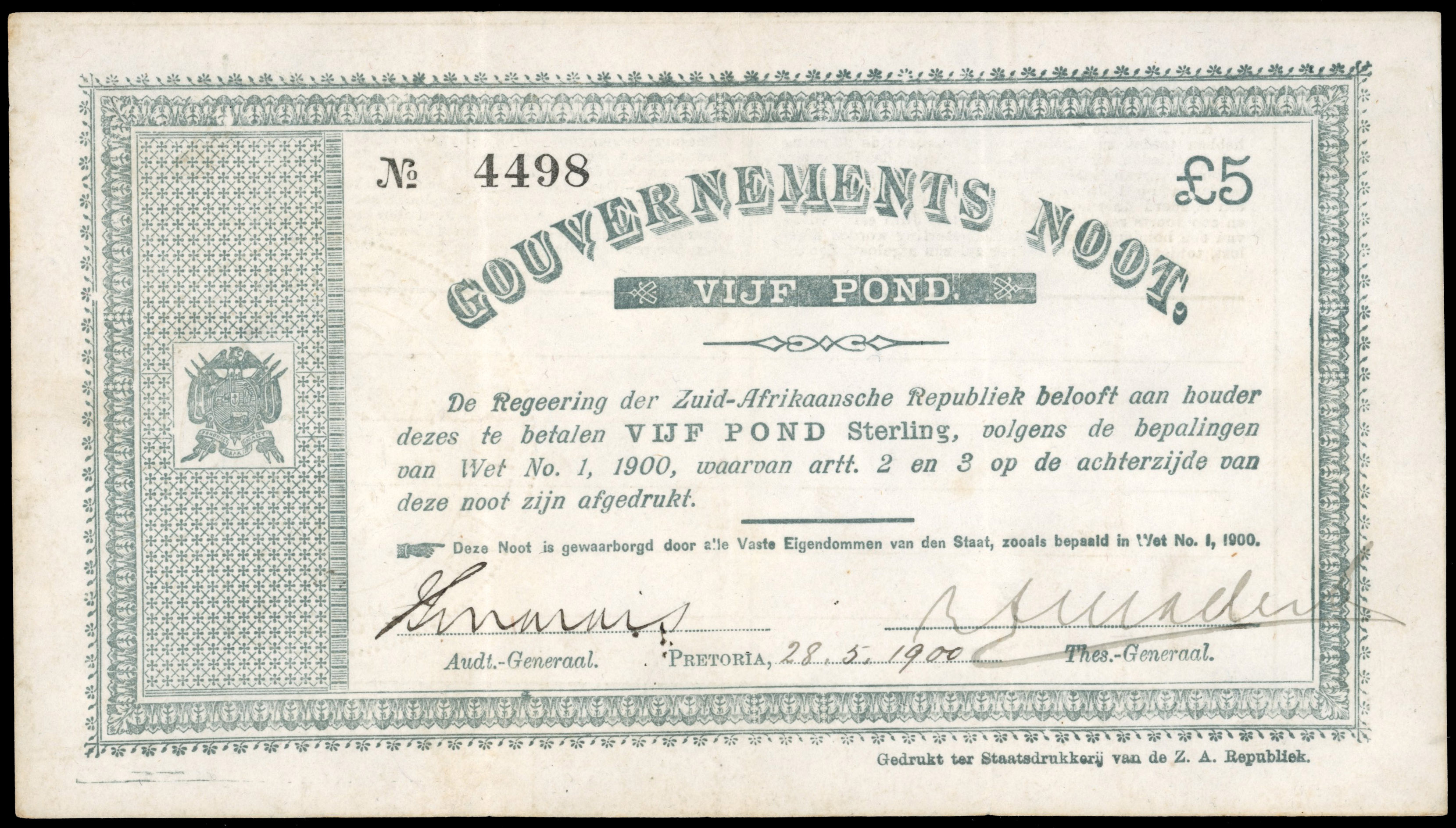 South Arica ZAR, Gouvernments Noot, Vijf Pond, May 1900, no. 4498, Marais-Malherbe signatures, (Pick 55c). Goo…