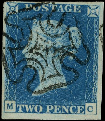 1840 2d blue, plate 1 (MC), close to huge margins, neatly cancelled