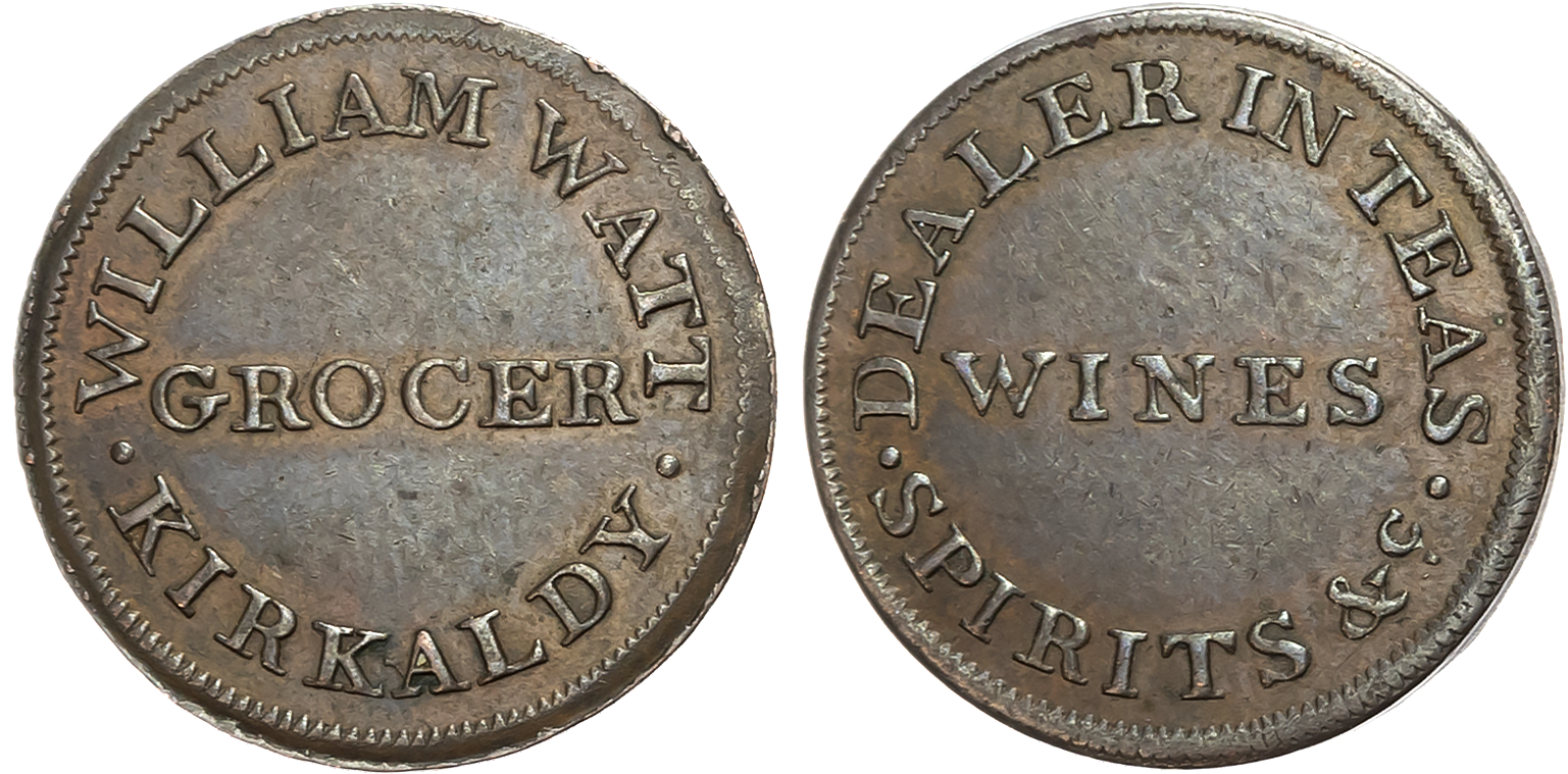 Fife. Kirkaldy, William Watt (grocer/wine merchant) Farthing undated, legend, rev. legend, edge plain, 22mm/2.76gm. (DH  …