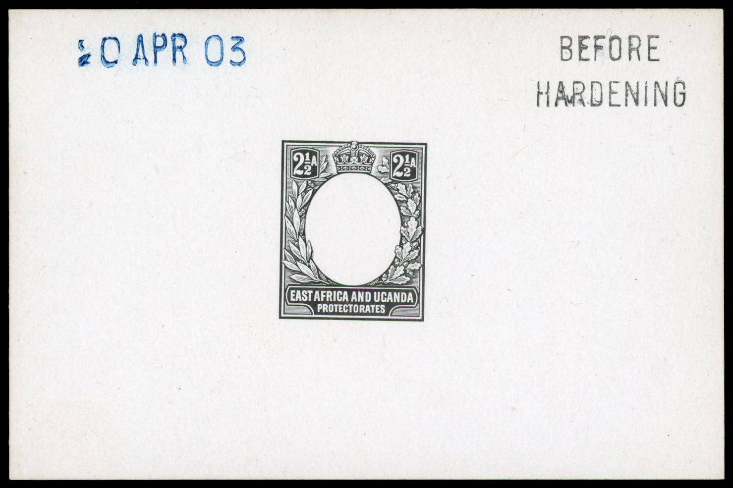 1903 2½a De La Rue die proof in black on glazed card dated “20 APR 03" in blue and endorsed “BEFORE HARDENING”
