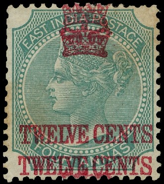 1867 12c on 4a green with surcharge double, part o.g. with hinge remainder. Some staining. BPA Certificate (1948),...