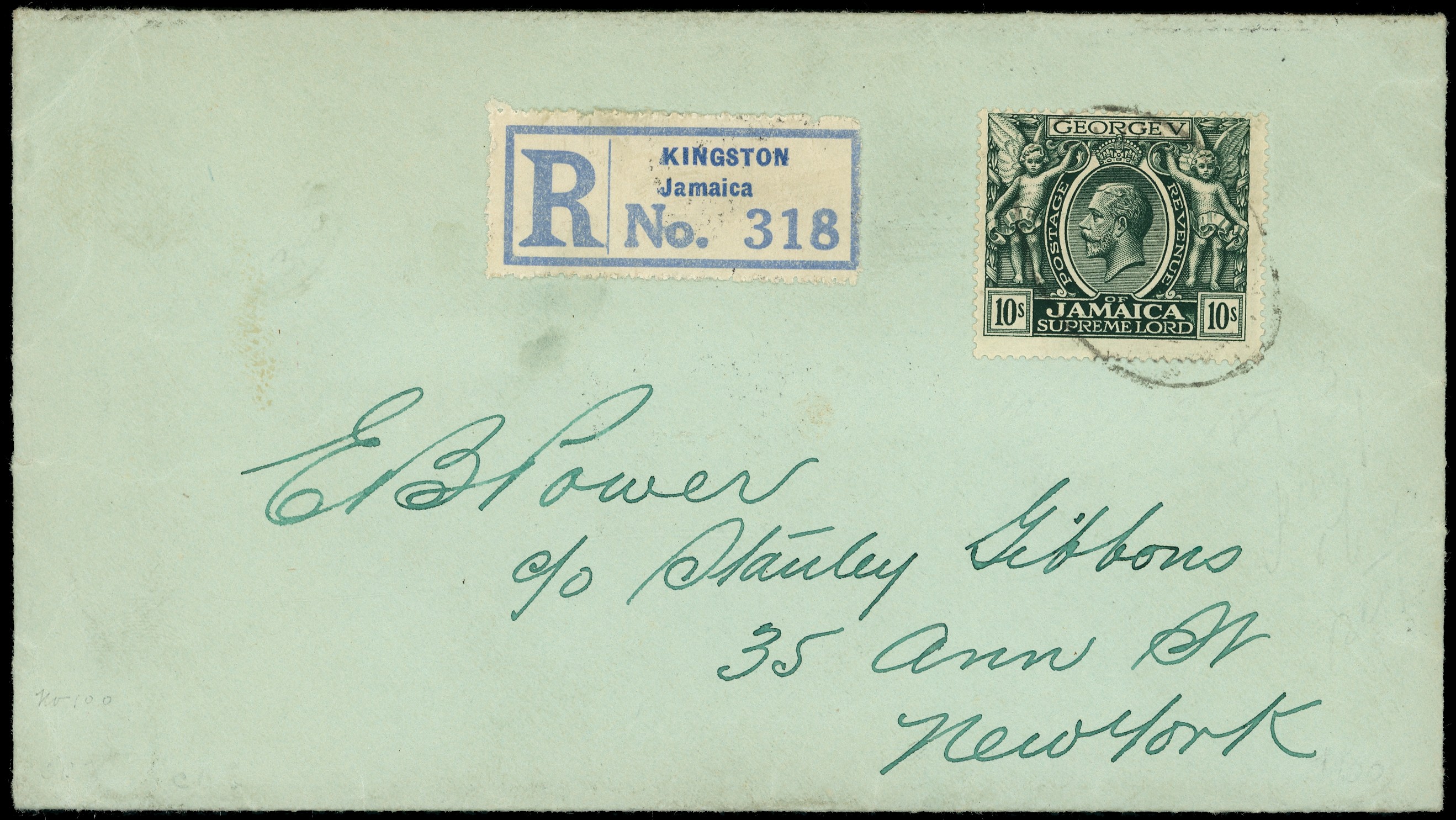 1926 registered cover addressed to New York bearing a single 1922 10/- KGV...