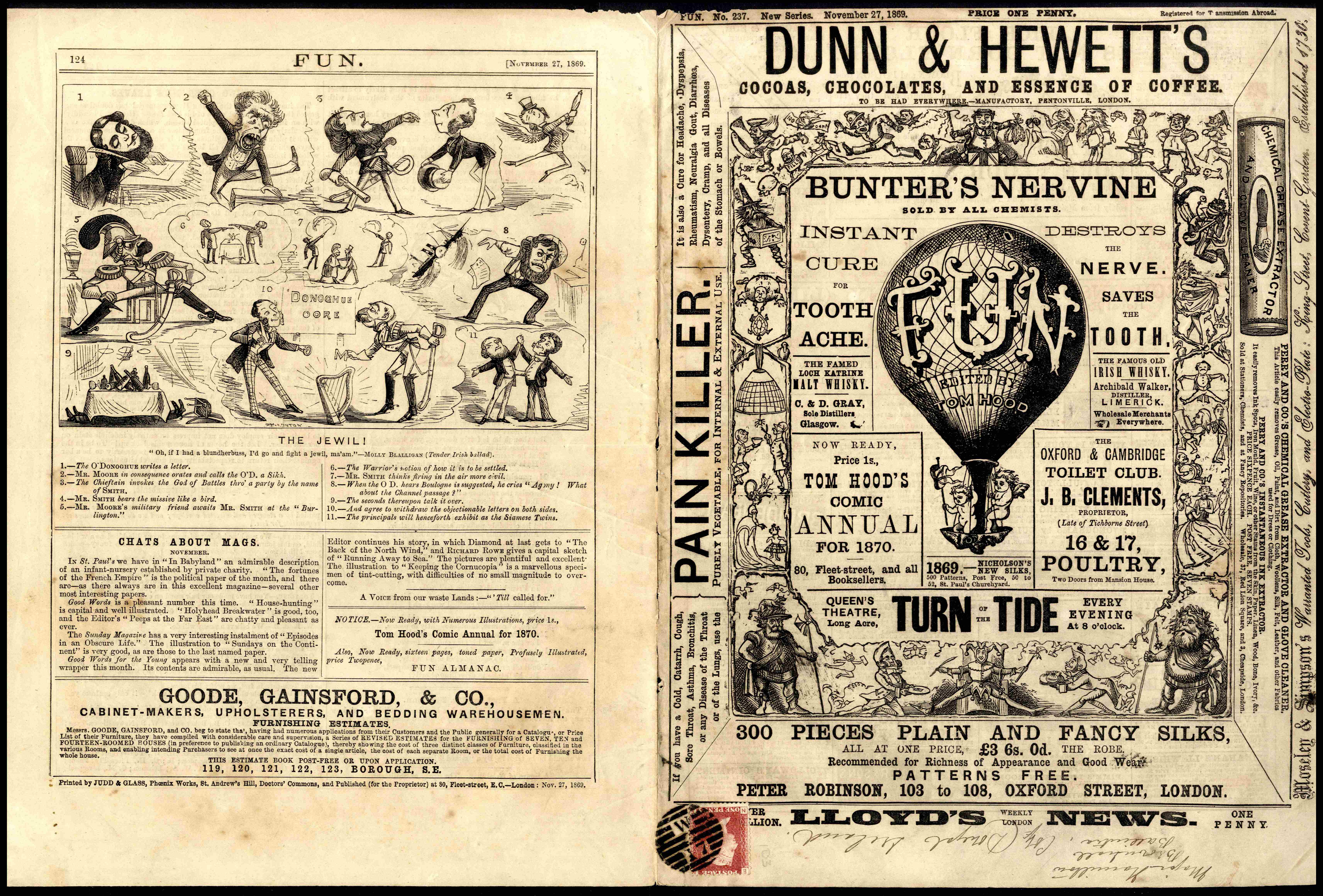 1869 Newspaper front and back cover franked by 1858-79 1d rose red plate 103