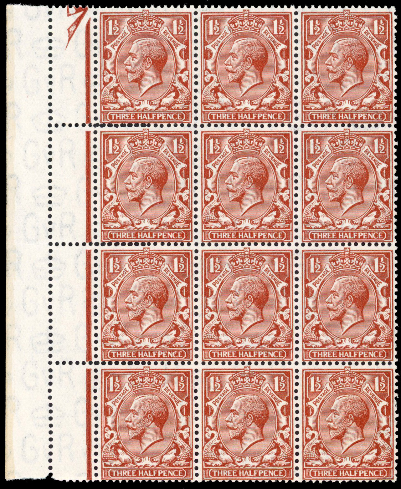 GB 1924-26 1½d red-brown, mint block with double perfs