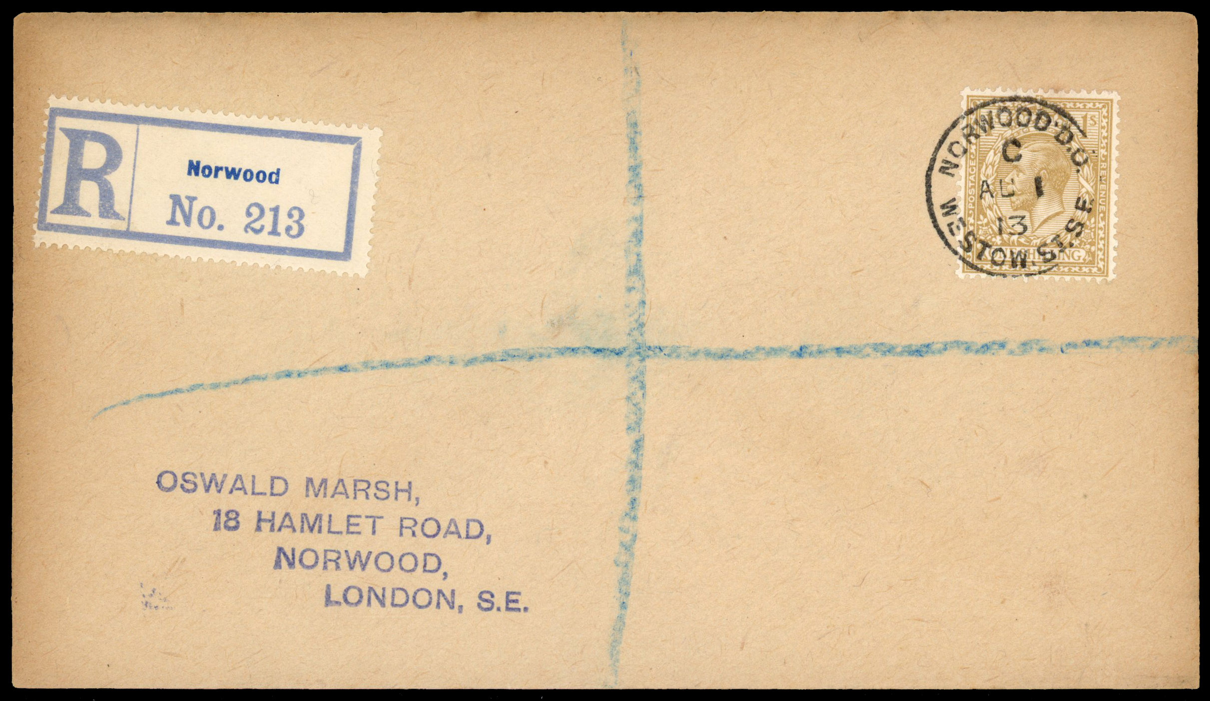 1913 1s Bistre. Very fine used example tied to a plain 'Marsh' registered FDC