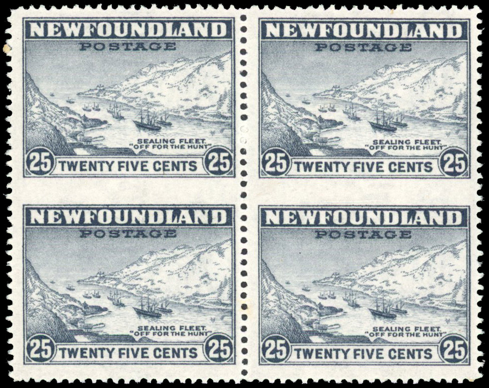 Newfoundland 1932 25 slate block of 4 error Imperf between