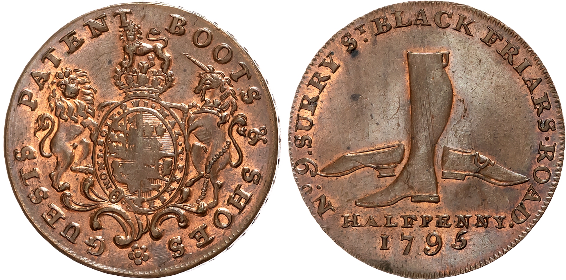 London, Blackfiars , Barnet Guest (boot & shoe manufacturer) Halfpenny 1795, Boot and two shoes, rev. Royal Arms and sup …